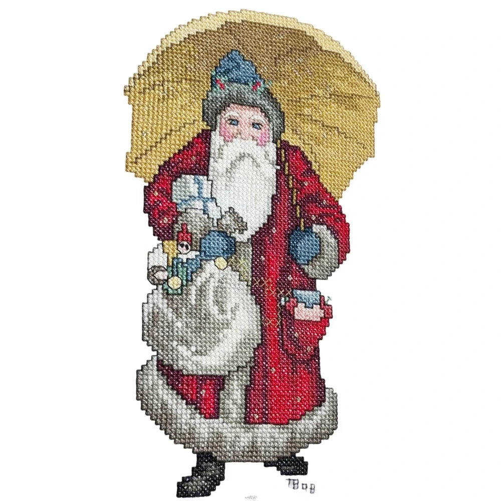 Vintage 1998 Handmade Needlepoint Santa Claus Christmas Throw Pillow Red Striped